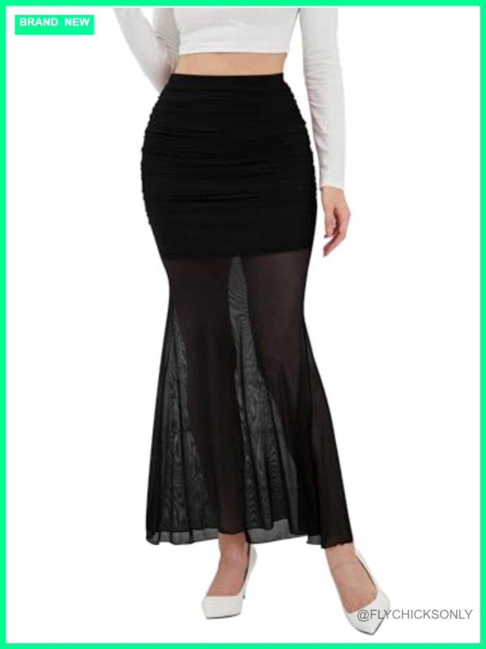 Mesh High Waist Bodycon Maxi Skirt Ruched Fishtail Skirt